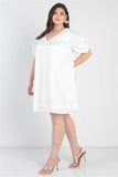 Plus White Bow Detail Short Sleeve V-neck Mini Dress Naughty Smile Fashion