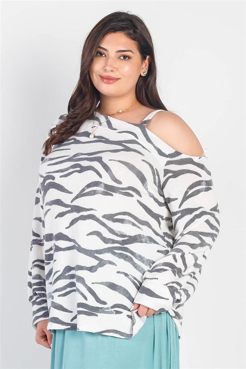 Plus White & Charcoal Zebra Flannel Cold Shoulder Long Sleeve Top #Dresswomen #Shorts #Youtubeshorts Naughty Smile Fashion