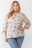 Plus White Floral Tie Midi Sleeve Back Zipper Relax Top