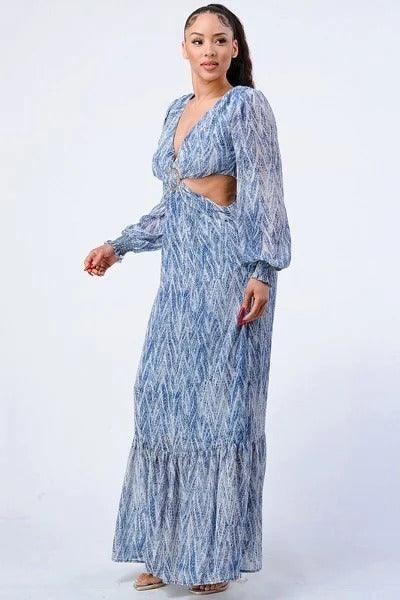 Printed V Neck Self Belted Side Cut Out Ruffled Maxi Dress Naughty Smile Fashion