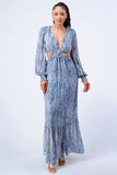 Printed V Neck Self Belted Side Cut Out Ruffled Maxi Dress Naughty Smile Fashion