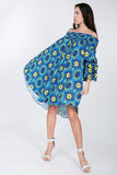 Puffy Ruffle Sleeve Smocking Off Shoulder Print Midi Dress Naughty Smile Fashion