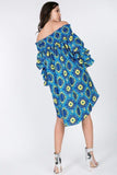 Puffy Ruffle Sleeve Smocking Off Shoulder Print Midi Dress Naughty Smile Fashion