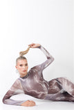 Purple-grey Lightning Print Mock Neck Long Sleeve With Finger Loop Fitted Catsuit /jumpsuit