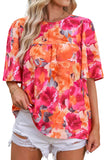 Red Floral Print Wide Sleeve Blouse