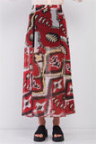 Red & Multi Vintage Graphic Print High-waisted Two Front Slits Skirt