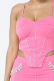Rhinestone Detailed Strappy Cropped Top With Matching Rhinestone Pocket Detail Mini Skirt Naughty Smile Fashion