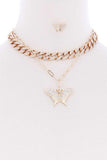 Rhinestone Studded Link Chain With Butterfly Pendant Necklace Earring Set