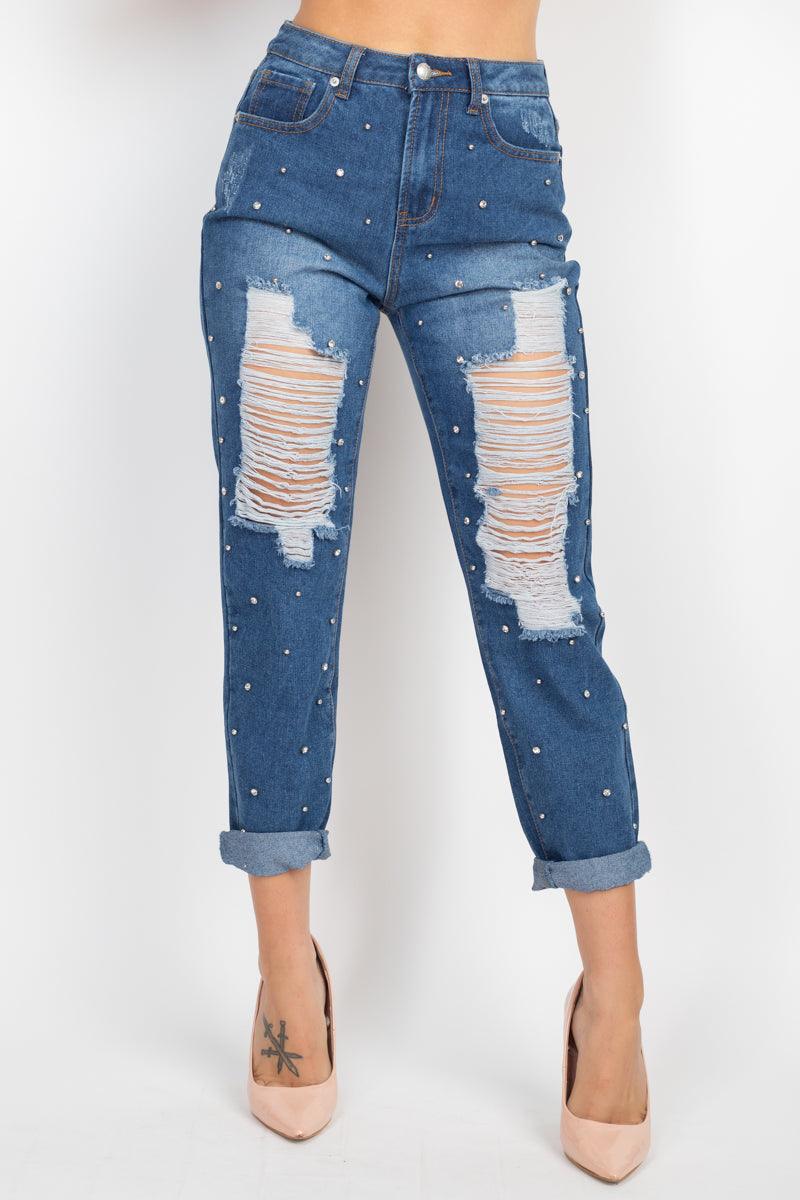 Rhinestones Ripped-front Denim Jeans Naughty Smile Fashion