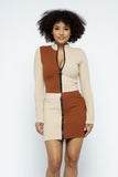 Rib Color Block Mock Neck Long Sleeve High-waist Mini Skirt With Front Zipper Set Naughty Smile Fashion