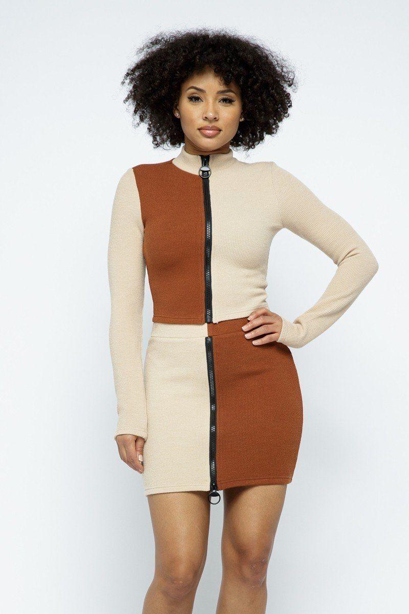 Rib Color Block Mock Neck Long Sleeve High-waist Mini Skirt With Front Zipper Set Naughty Smile Fashion