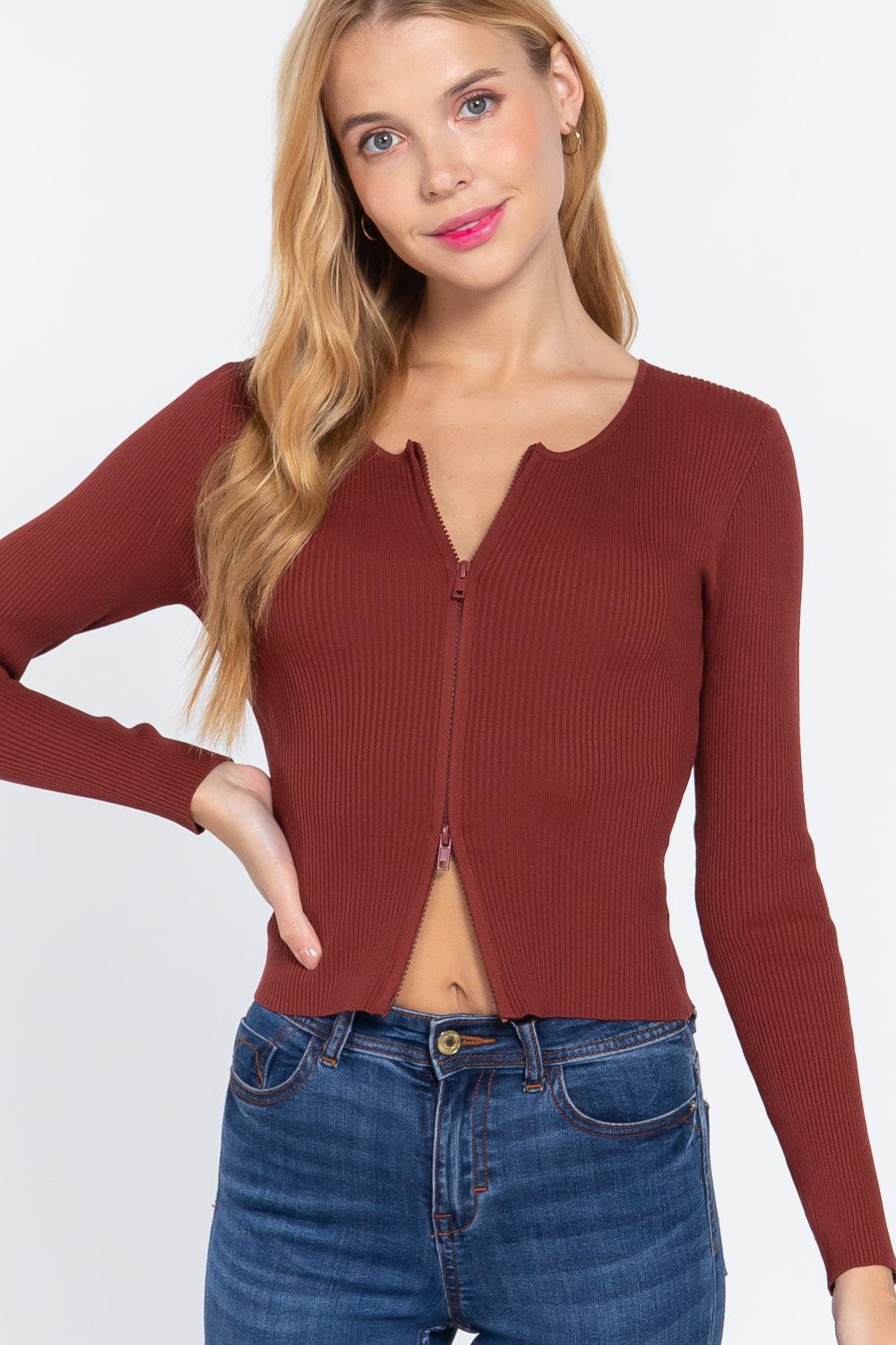 Rib Sweater Top W/front Zipper