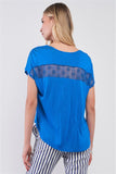 Royal Blue Boat Neck Short Sleeve See-trough Cross Cut-in Detail With Floral Embroidery Top Naughty Smile Fashion