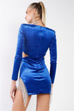 Royal Blue Velvet Side Slits With Rhinestone Trim V-neck Long Sleeve Cut-out Mini Dress Naughty Smile Fashion