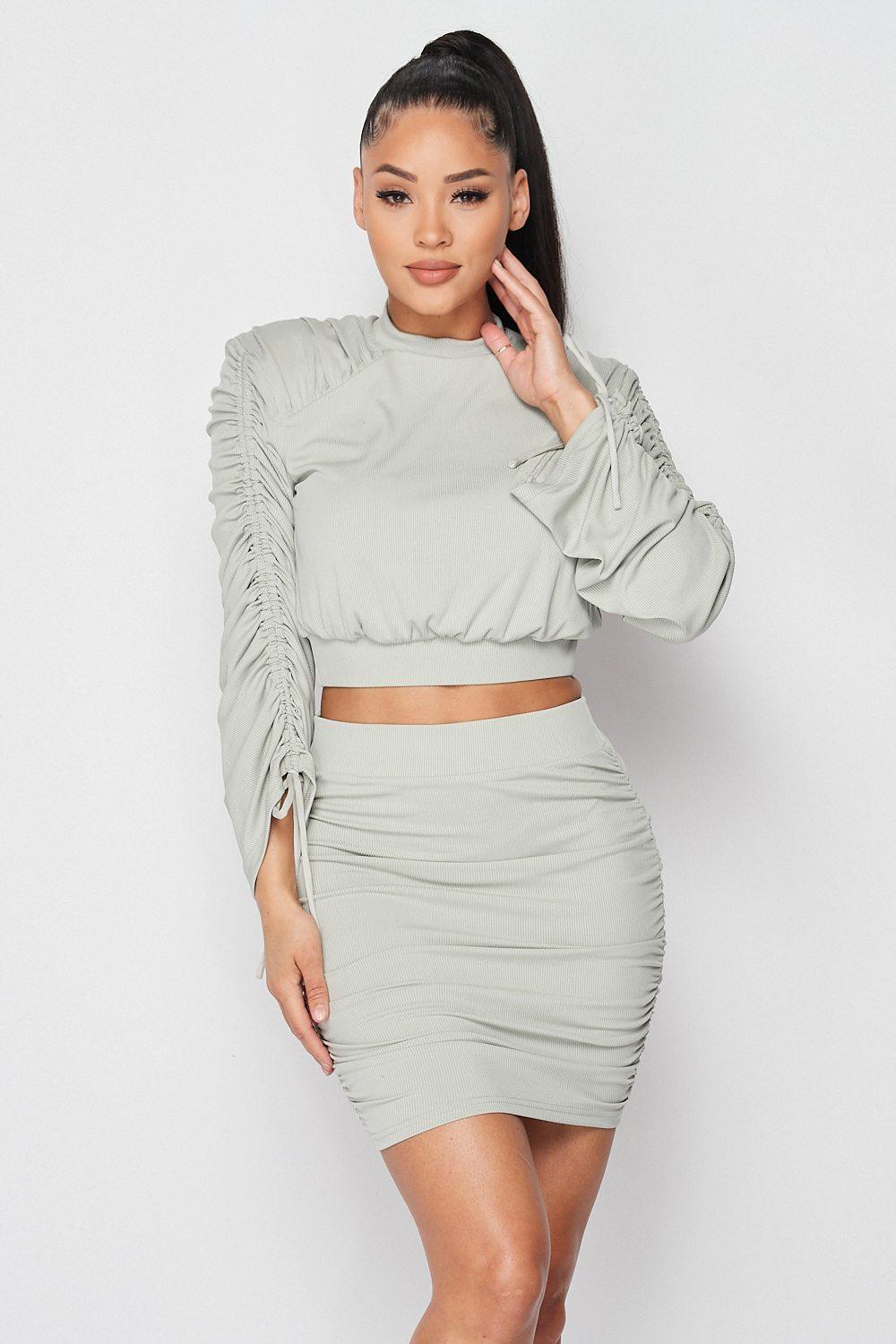 Ruched Long Sleeve And Skirt Set Naughty Smile Fashion