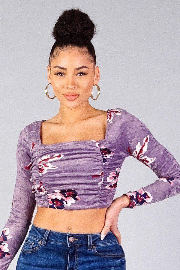 Ruched Velvet Floral Back Tie Crop Top Naughty Smile Fashion