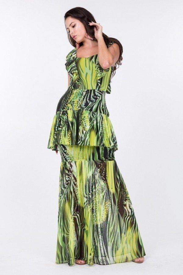 Ruffle Sleeve Tiered Bottom Print Long Dress Naughty Smile Fashion