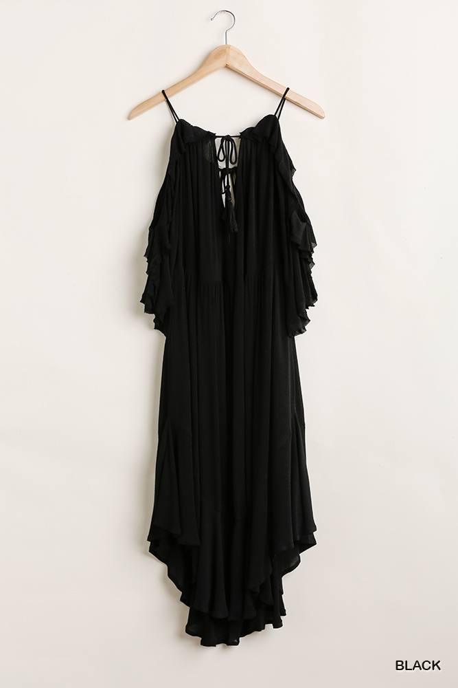 Ruffled Cold Shoulder Maxi Dress With Front Tassel Tie Naughty Smile Fashion