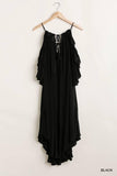 Ruffled Cold Shoulder Dress With Front Tassel Tie