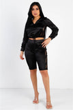 Satin Lace Details Long Sleeve Hooded Crop Top & Biker Short Set Naughty Smile Fashion