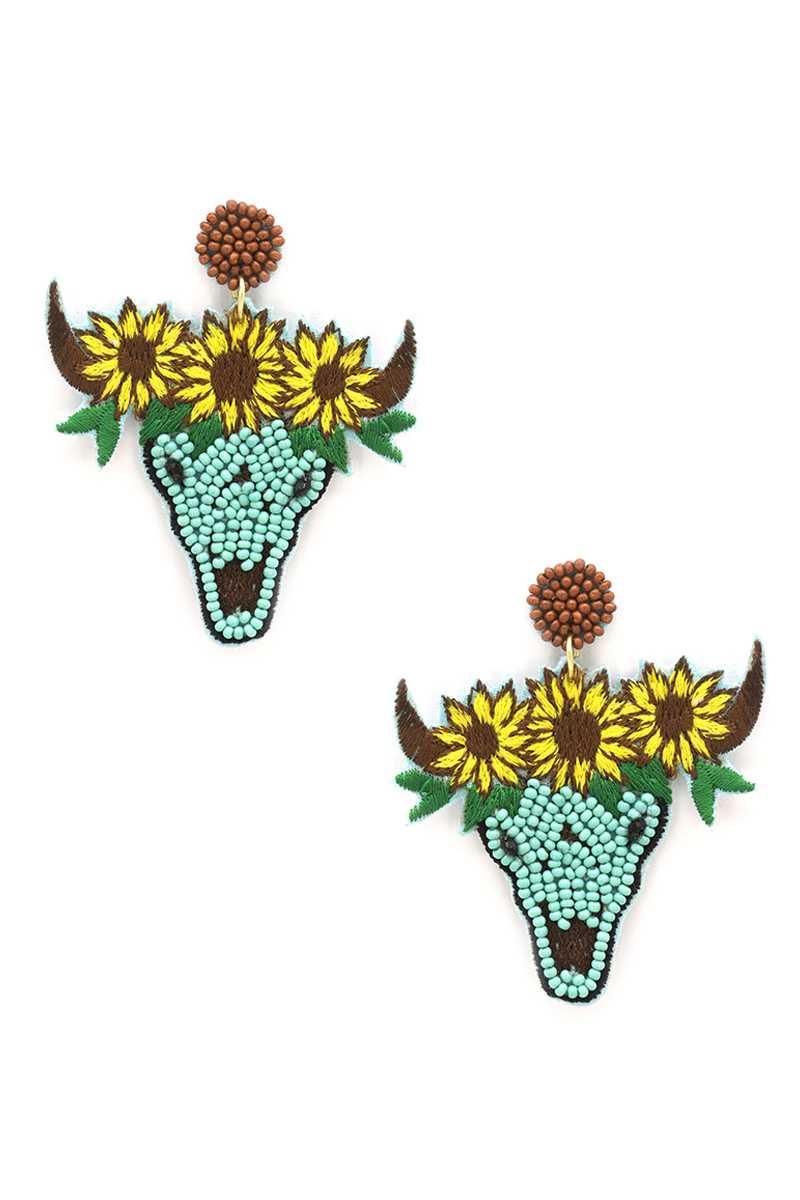 Seed Bead Carved Cow Skull Sunflower Dangle Earring Naughty Smile Fashion