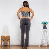 Shascullfites Shaper Suit Grey Denim Bodysuit Zipper Push Up Top Middle Waist Butt Lift Flare Jeans Women Two Piece Outfits