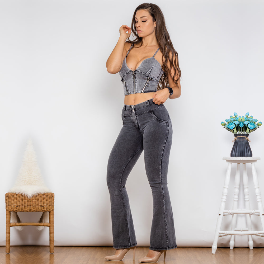 Shascullfites Shaper Suit Grey Denim Bodysuit Zipper Push Up Top Middle Waist Butt Lift Flare Jeans Women Two Piece Outfits Naughty Smile Fashion