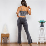 Shascullfites Shaper Suit Grey Denim Bodysuit Zipper Push Up Top Middle Waist Butt Lift Flare Jeans Women Two Piece Outfits