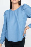 Shirring Puff Sleeves Denim Top Naughty Smile Fashion