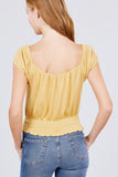 Short Puff Sleeve Front Tie Detail Smocked Waist Knit Gauze Top Naughty Smile Fashion