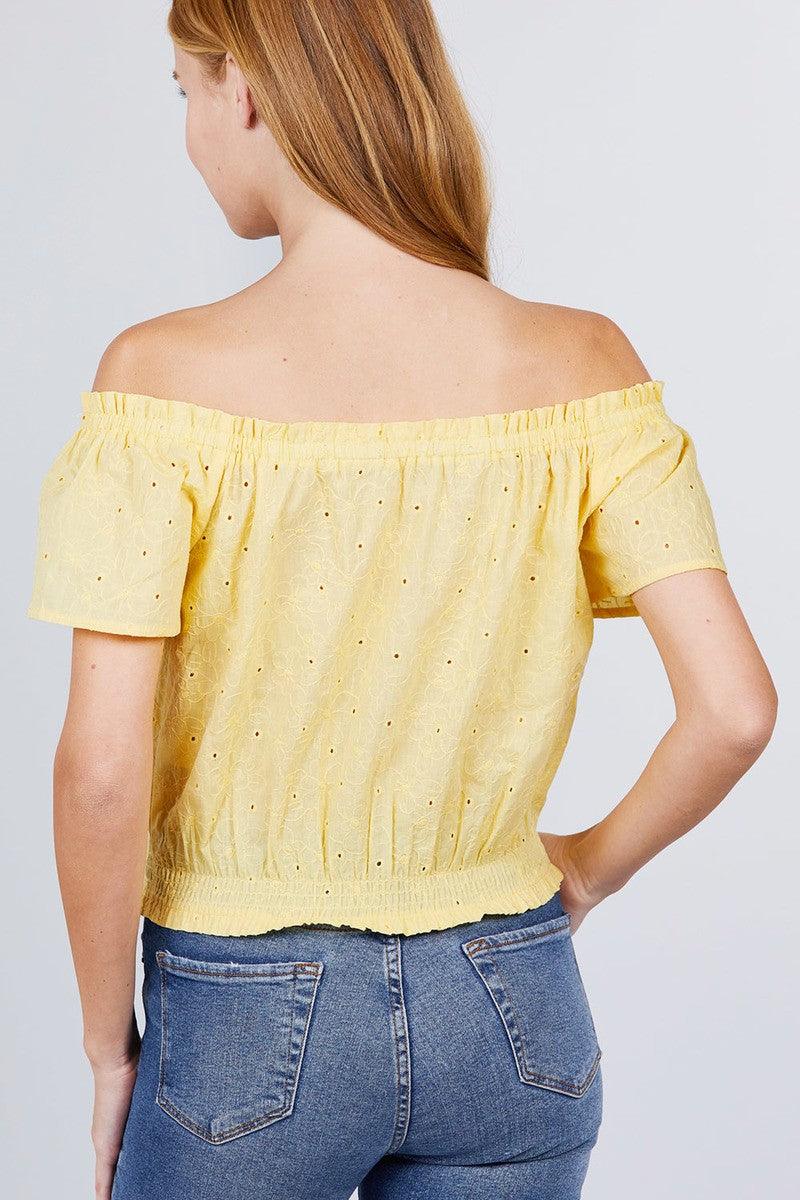 Short Sleeve Off The Shoulder Front Tie Detail Smocked Hem Eyelet Lace Woven Top Naughty Smile Fashion