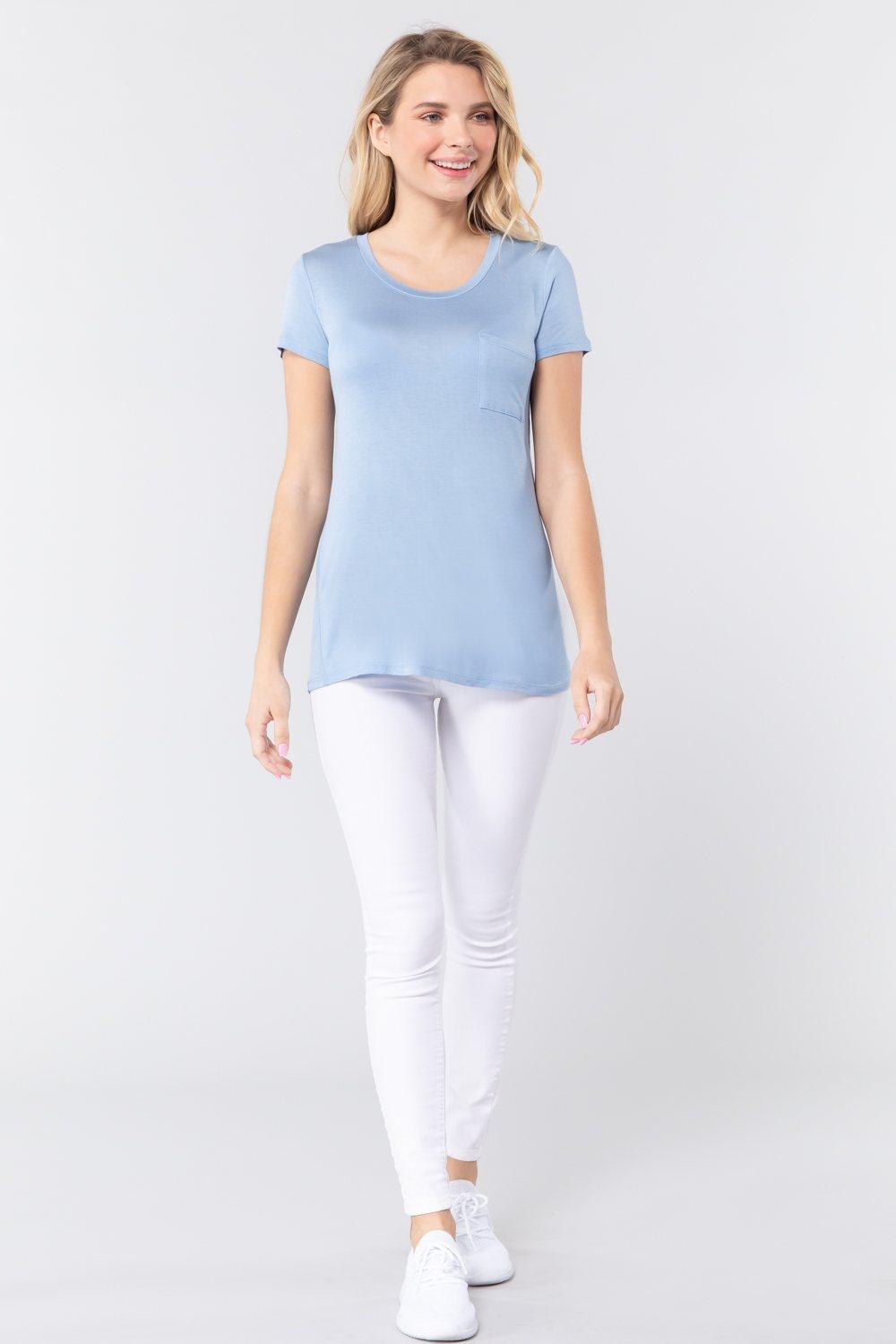 Short Sleeve Scoop Neck Top With Pocket Naughty Smile Fashion