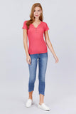 Short Sleeve W/button Detail Henley Neck Rib Knit Top Naughty Smile Fashion