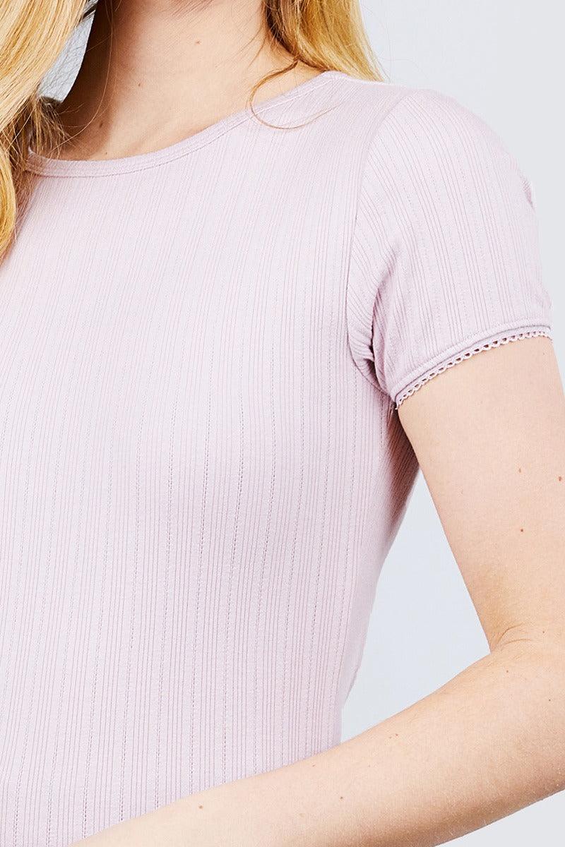 Short Sleeve W/lace Trim Detail Crew Neck Pointelle Knit Top Naughty Smile Fashion