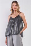 Silver Black Soft V-neck Sleeveless Gathered Loose Fit Top