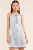 Silver Dust Satin Front Lace Up Grommet Studded Mini Dress