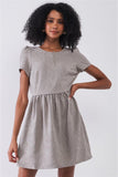 Silver Grey Floral Embroidery Round Neck Short Sleeve Mini Dress Naughty Smile Fashion