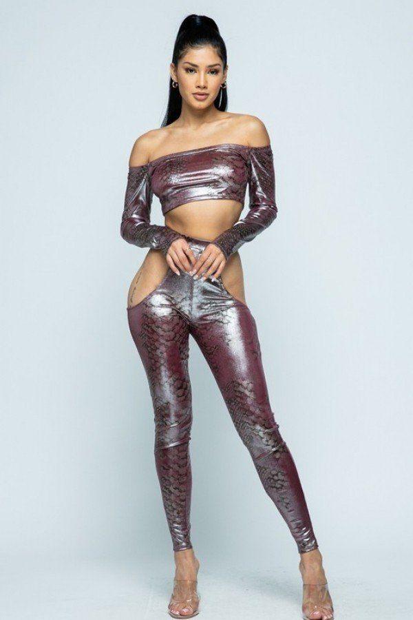 Snake Foil Print Off Shoulder Long Sleeve Top With Waist Band Under Side Cut Open Pants Set Naughty Smile Fashion