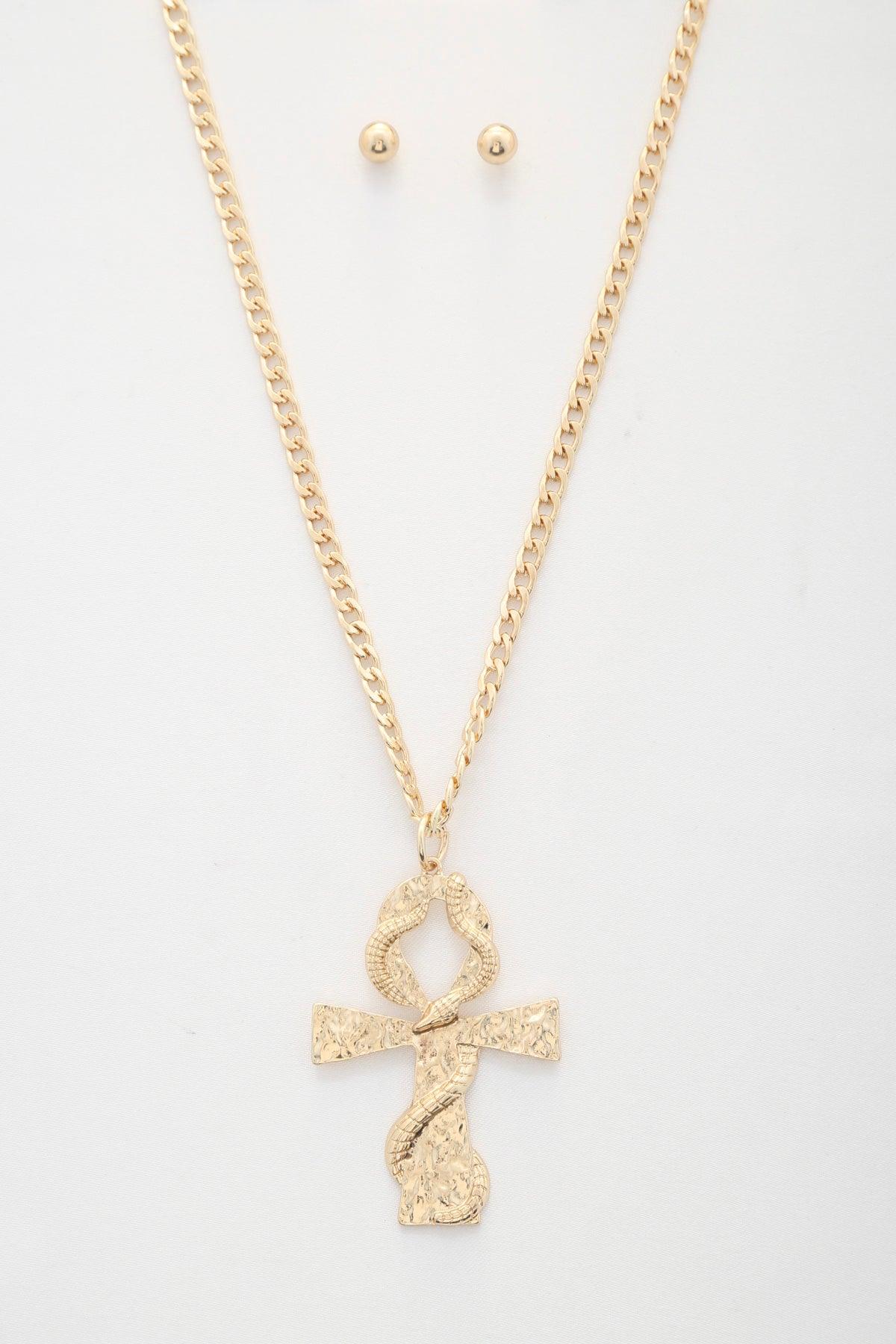 Snake Wrap Cross Pendant Curb Link Necklace Naughty Smile Fashion