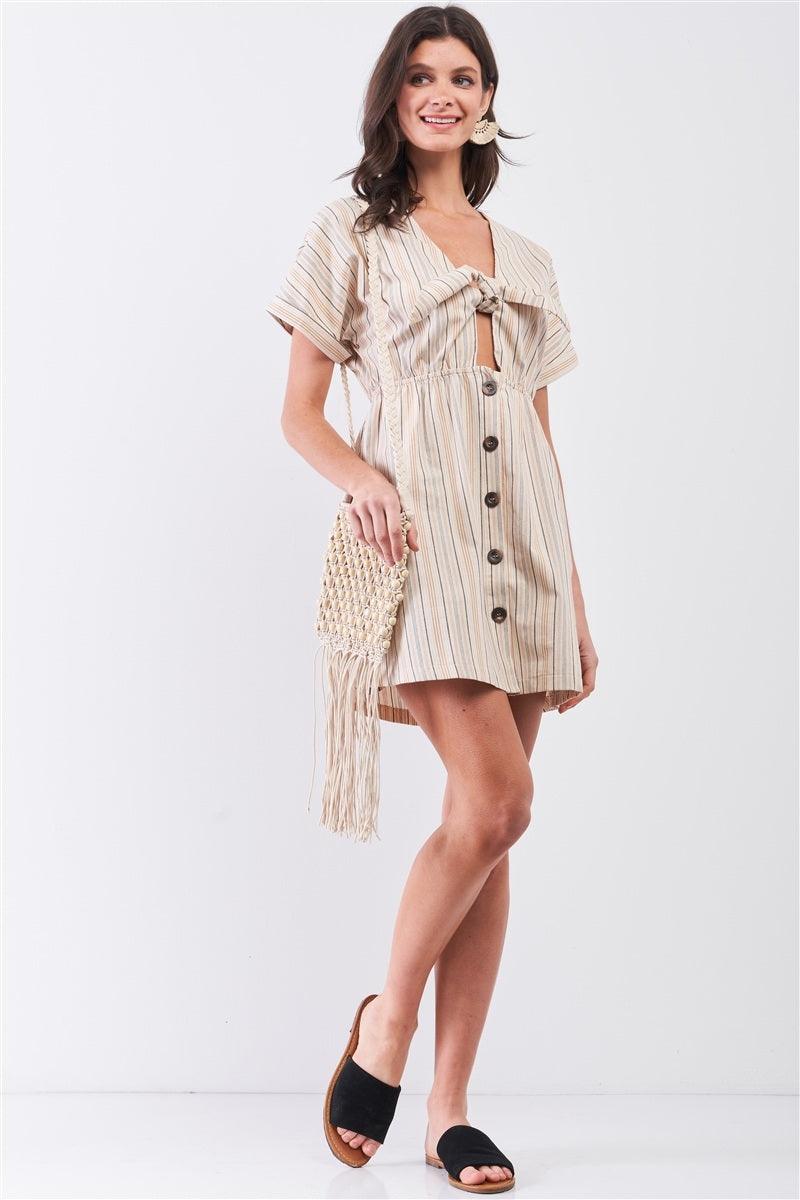 So 90's! Striped Self-tie Front Detail Short Sleeve Button Down Mini Shirt Dress Naughty Smile Fashion