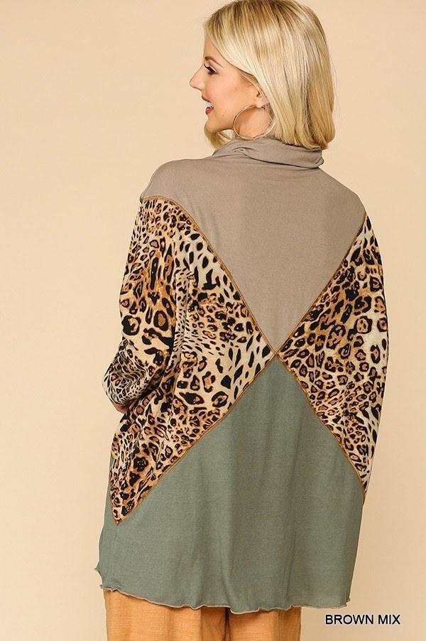 Solid And Animal Print Mixed Knit Turtleneck Top With Long Sleeves Naughty Smile Fashion