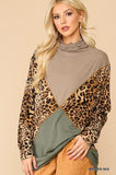 Solid And Animal Print Mixed Knit Turtleneck Top With Long Sleeves Naughty Smile Fashion