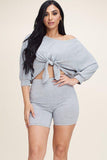 Solid French Terry Tie Front Off The Shoulder Slouchy Top And Shorts Two Piece Set Naughty Smile Fashion