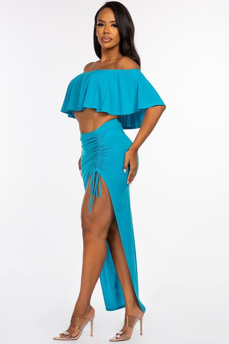 Solid Ity Off The Shoulder Ruffled Cropped Top And Ruched Skirt Two Piece Set #Dresswomen #Shorts #Youtubeshorts