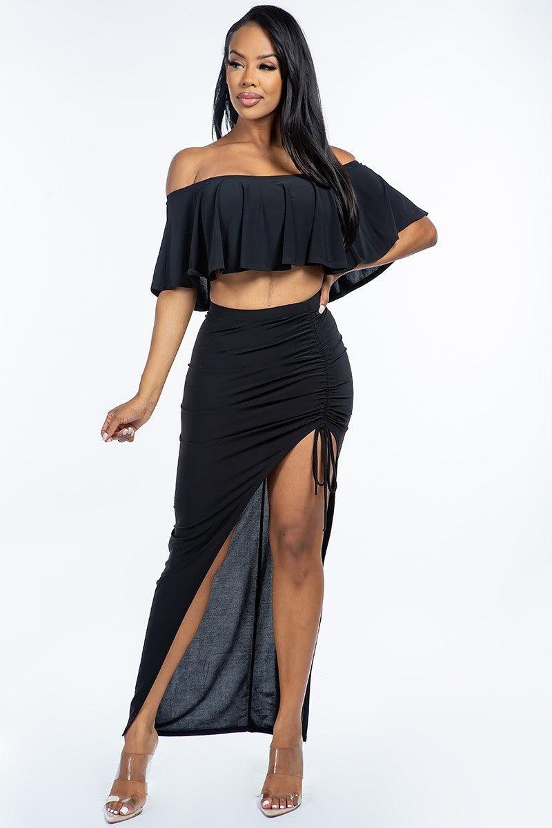 Solid Ity Off The Shoulder Ruffled Cropped Top And Ruched Skirt Two Piece Set #Dresswomen #Shorts #Youtubeshorts Naughty Smile Fashion