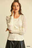 Solid Knit And Chiffon Mixed Top With Puff Long Sleeve Naughty Smile Fashion