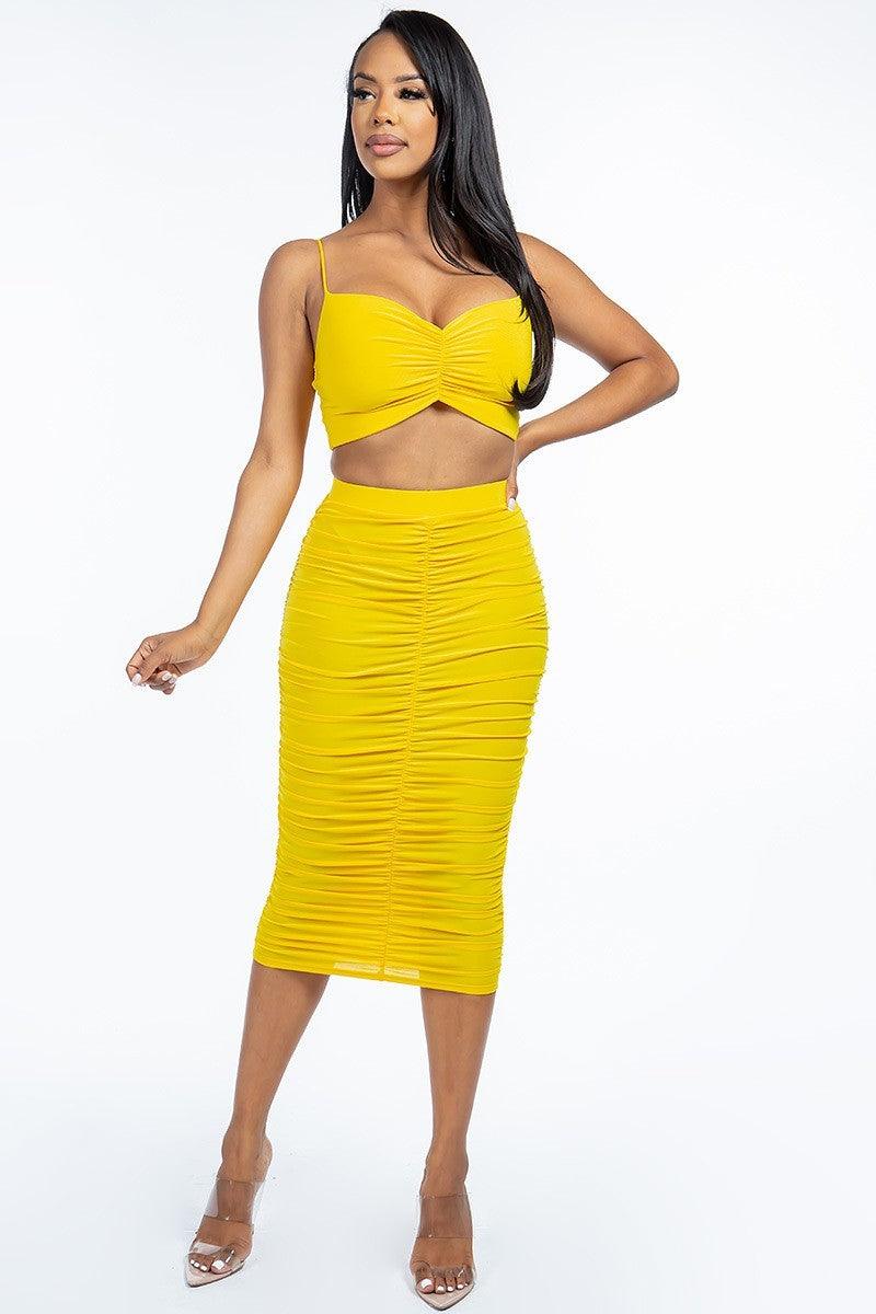 Solid Ruched Spaghetti Strap Tank Top And Midi Skirt Two Piece Set #Dresswomen #Shorts #Youtubeshorts
