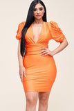 Solid Short Puff Sleeve Dress With Plunged V Neck Line Naughty Smile Fashion