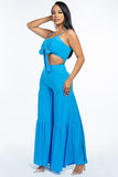 Solid Tie Front Spaghetti Strap Tank Top And Tiered Wide Leg Pants Two Piece Set #Dresswomen #Shorts #Youtubeshorts