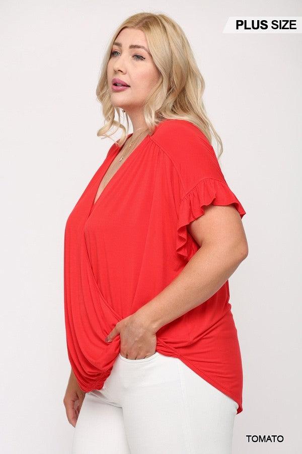 Solid Viscose Knit Surplice Top With Ruffle Sleeve Naughty Smile Fashion